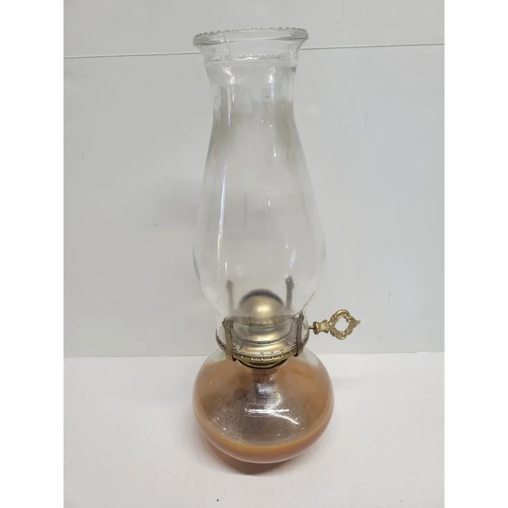 Vintage Amber Glass Oil Lamp with Clear Beaded Chimney 12in‎